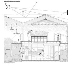 an architectural drawing shows the interior and exterior of a house, with various parts labeled in black and white