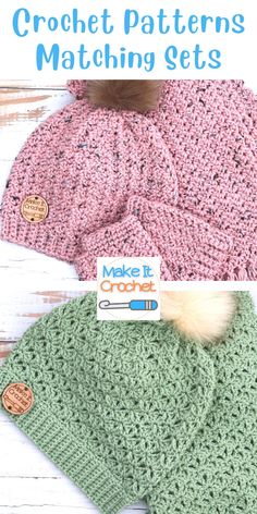 crochet patterns for matching sets with text that reads, make it crochet