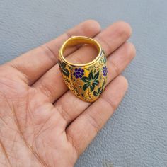 Mughal / Ottoman Silver Archer ring  Gold Guilded This is an archer thumb's ring made of Silver with real Gold guilded . It is nicely Multi color Enamel work with floral design .  This type of rings were used to protect the thumbs and was very famous in Royal Mughal court. The piece is in good condition. Dimension refer images Many Thanks for visiting my Store! We accept only PAYPAL we will ship via FedEx or any other international courier company. If you have any questions regarding payment, sh Traditional Ceremonial Ring Jewelry, Traditional Open Ring For Formal Occasions, Ceremonial Temple Jewelry Ring With Meenakari, Traditional Hallmarked Engraved Ceremonial Ring, Traditional Ceremonial Engraved Hallmarked Ring, Traditional Gold Enamel Ring For Ceremonial Occasions, Traditional Handmade Rings For Formal Occasions, Ceremonial Meenakari Rings, Traditional Meenakari Ring Gift