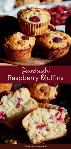 raspberry muffins are stacked on top of each other with the words, sourdough raspberry muffins