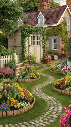 a garden with lots of flowers and plants around it