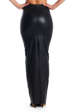 Glossy faux leather brings sleek style to midi skirt with a back slit for added movement. 45" length Back slit Lined 60% polyurethane, 35% rayon, 5% spandex Hand wash, line dry Imported Leather Skirts, Naked Wardrobe, Black Leather Skirts, Sleek Style, Sleek Fashion, Midi Skirt, Black Leather, Faux Leather, Hand Wash