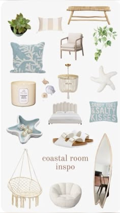 the coastal room inspo is filled with furniture and decor, including a bench, chair,