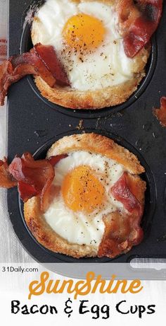 two breakfast muffins with bacon and eggs in them on a baking tray for the recipe