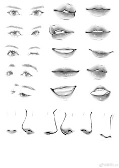 an image of different types of eyes and mouth shapes in black and white, all drawn by hand