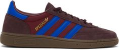 Low-top suede and buffed leather sneakers in burgundy and blue. · Lace-up closure · Logo patch at tongue · Padded collar · Text and logo stamp at outer side · Serrated stripes at sides · Mesh lining · Treaded rubber sole Supplier color: Night red/Blue/Shadow red Logo Stamp, Blue Lace, Mens Shoes Sneakers, Leather Sneakers, Alexander Wang, Low Top, Patch Logo, Adidas Originals, Red Blue