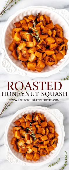 roasted honeynut squash in two white bowls with rosemary sprigs on the side