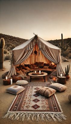 a tent in the desert with pillows and rugs