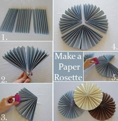 the steps to make a paper rosette are shown in four different pictures, including one with