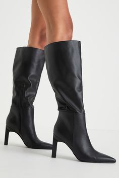 Creating the perfect autumn wardrobe starts with the perfect pair of boots, like the Lulus Olivet Black Pointed-Toe Knee-High Boots! Smooth faux leather shapes these flirty fall boots that feature a classic pointed-toe upper, seaming at the vamp, and a 14.5"" knee-high shaft (with a 15"" circumference and a 9"" zipper at the instep). A sculpted, stiletto heel lends a eye-catching finish! 4" sculpted stiletto heel. Lightly cushioned insole. Rubber sole has nonskid markings. Man Made Materials. Imported. Lulus | Olivet Black Pointed-Toe Knee-High High Heel Boots | Size 11. Fall Boots, Trendy Boots, Autumn Wardrobe, Black Knee High Boots, Faux Leather Boots, Black Boots Tall, Pointed Toe Boots, Thigh Boot, Black Heel Boots