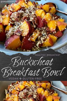 A bowl of buckwheat topped with fresh ripe chopped peaches and pecans, sprinkled with hemp seed Fruit Based Breakfast, Plant Breakfast, Creative Breakfast Recipes, Oatmeal Healthy, Healthy Breakfast Sandwich, Healthy Breakfast Meal Prep, Healthy Breakfast Casserole, Plant Based Recipes Breakfast