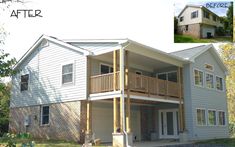 before and after shots of a two story house with porches on the second floor