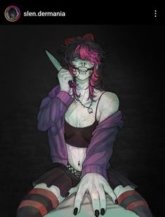 a woman with pink hair sitting on top of a bed holding a knife in her hand