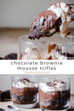 chocolate brownie mousse trifles with whipped cream