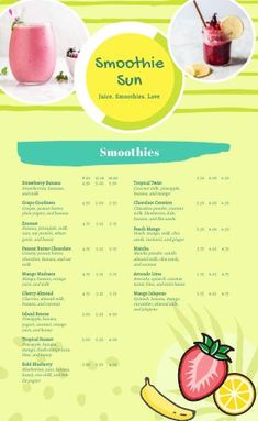 the menu for smoothie sun is shown