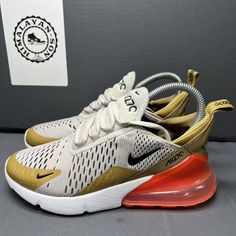 Nike Air Max 270 Ah6789-700 Flight Gold Black Bone Crimson White Women Size 6.5 Preowned Great Condition No Rips Or Tears Smoke Free Pet Free Air Max 270 Women, Shoes Nike Air, Nike Air Max 270, Air Max 270, Gold Black, Air Max, Nike Air Max, Nike Shoes, Nike Women