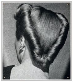 1940's actresses victory roll hairdos | Back view of a tightly rolled hairstyle option, circa 1940's Fifties Makeup, Victory Roll, Men Costumes, Forties Fashion, Vintage Hairstyle, Historical Hairstyles, 40s Hairstyles