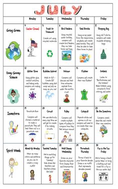 a calendar with the words july and other things to do for kids in english or spanish