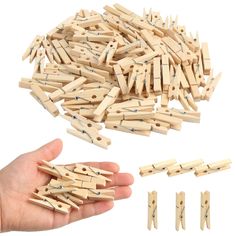 wooden clothes pegs being held by a person's hand with several clips in the background