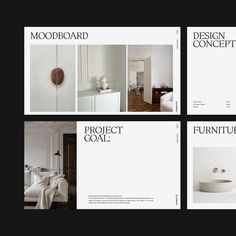 four different layouts for a project with furniture and interior design elements in black and white