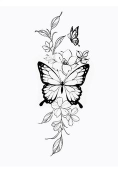 a black and white drawing of a butterfly with flowers on it's back side