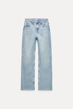 HIGH RISE Z1975 STRAIGHT LEG JEANS Cute Zara Clothes, Baggy Light Jeans, Jeans White Background, Blue Jeans Aesthetic, Holister Jeans, Zara Straight Leg Jeans, Blue Straight Jeans, Light Washed Jeans, Straight Legged Jeans