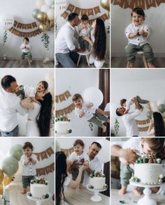 a collage of photos showing a baby and his family celebrating their first birthday together