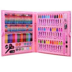 a pink case filled with lots of different colored pens