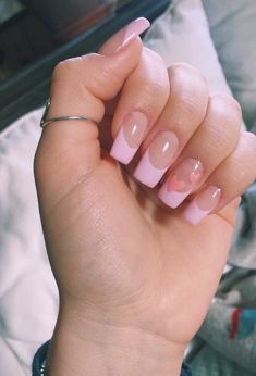 Pink French Tip Nails Square With Heart, Pink French Tip Nails Matte, Valentines Day Nails Pink French Tip, Pale Pink French Tips, Pink French Tip Valentine Nails, Pink French Nails With Heart, Pink French With Heart, Pink French Tip Nails With Heart, Simple Pink French Tip Nails