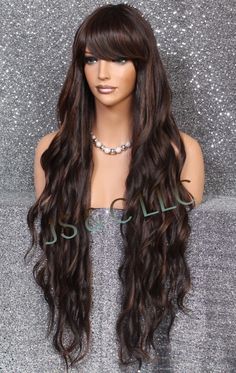 40&quot; Extra Long Human hair Blend Wavy Full Bangs Wig Brown mix WESH NWT Wattpad Ideas, Wavy Bangs, Blend Wig, Wig Brown, Full Bangs, Bangs Wig, Spiral Curls, Curly Lace Front Wigs, Choose Wisely