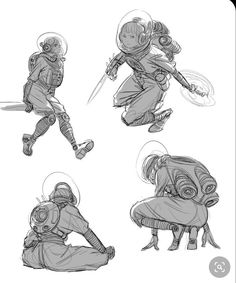 four sketches of people in space suits and helmets, with one kneeling down on the ground