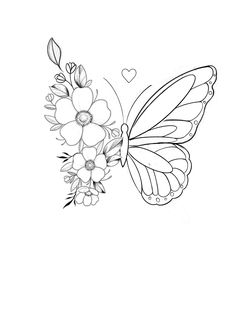 a butterfly with flowers on it's wings is shown in black and white ink