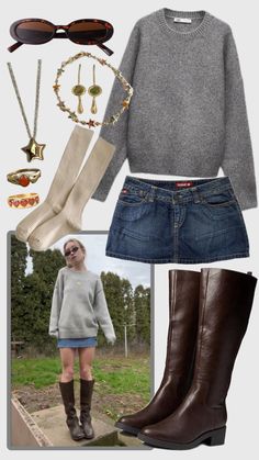 fall outfit with tall brown boots, gold jewelry, grey sweater, gold jewelry, & denim skirt Outfits With Denim Skirt, Skirt Outfits With Boots, Fall Boots Outfit, Tall Brown Boots, Denim Skirt Outfits, Downtown Outfits, Autumn Outfit, Mode Vintage