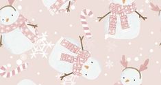 a pink background with snowmen and candy canes