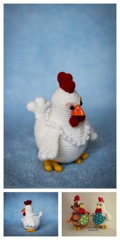 there are four different pictures of small knitted chickens and one chicken is wearing a red hat