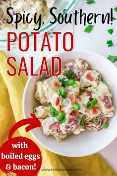 potato salad with boiled eggs and bacon in a white bowl on a yellow tablecloth