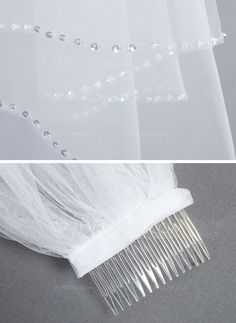 the side view of a white veil with crystal beads on it and an image of a comb