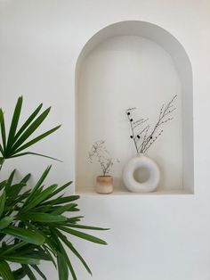 two vases with plants in them on a shelf