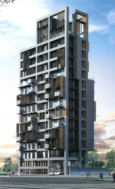 an artist's rendering of a tall building with balconies on the top