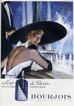 an advertisement for bourjois perfume with a woman in a black hat