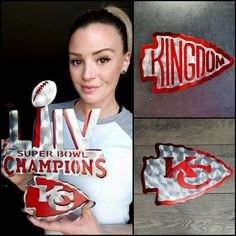 a collage of photos showing the logo for super bowl champs, including a woman holding a football