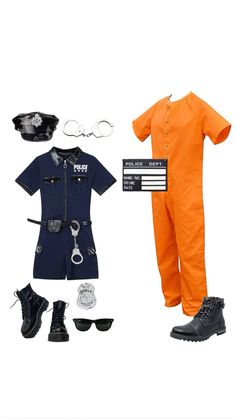 an orange jumpsuit, blue shirt and black shoes are on display in front of a white background