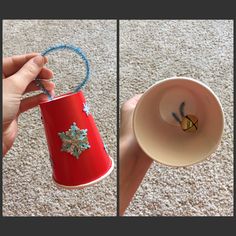 two pictures of a hand holding a red cup with a snowflake decoration on it