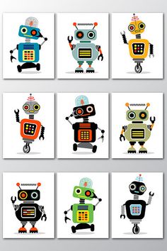 four different types of robot art prints on white paper with black and orange accents, each featuring