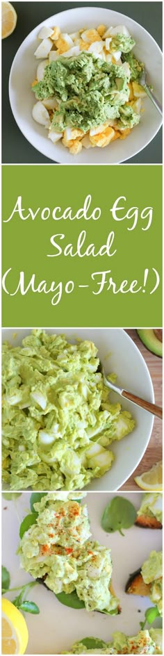 avocado egg salad on a plate with lemon wedges in the background and an image of mayo free