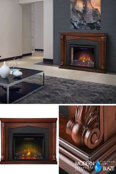 an image of a living room setting with fire place and fireplace in the middle, two pictures side by side