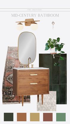 the mid century bathroom is in shades of green and brown