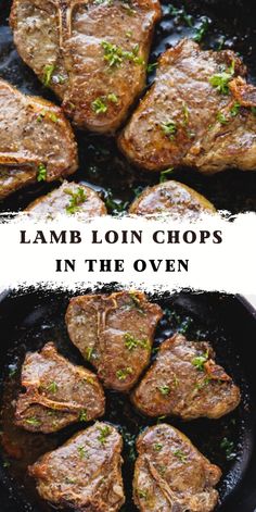 lamb loin chops in a cast iron skillet with parsley on top