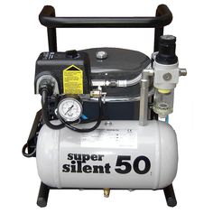 a small air compressor with a gauge on it's side and the words super silent 50