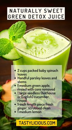 Spinach Juice Recipes, Sweet Green Juice, Green Detox Juice, Vegetable Juice Recipes, Best Juicing Recipes, Green Juice Recipe, Spinach Juice